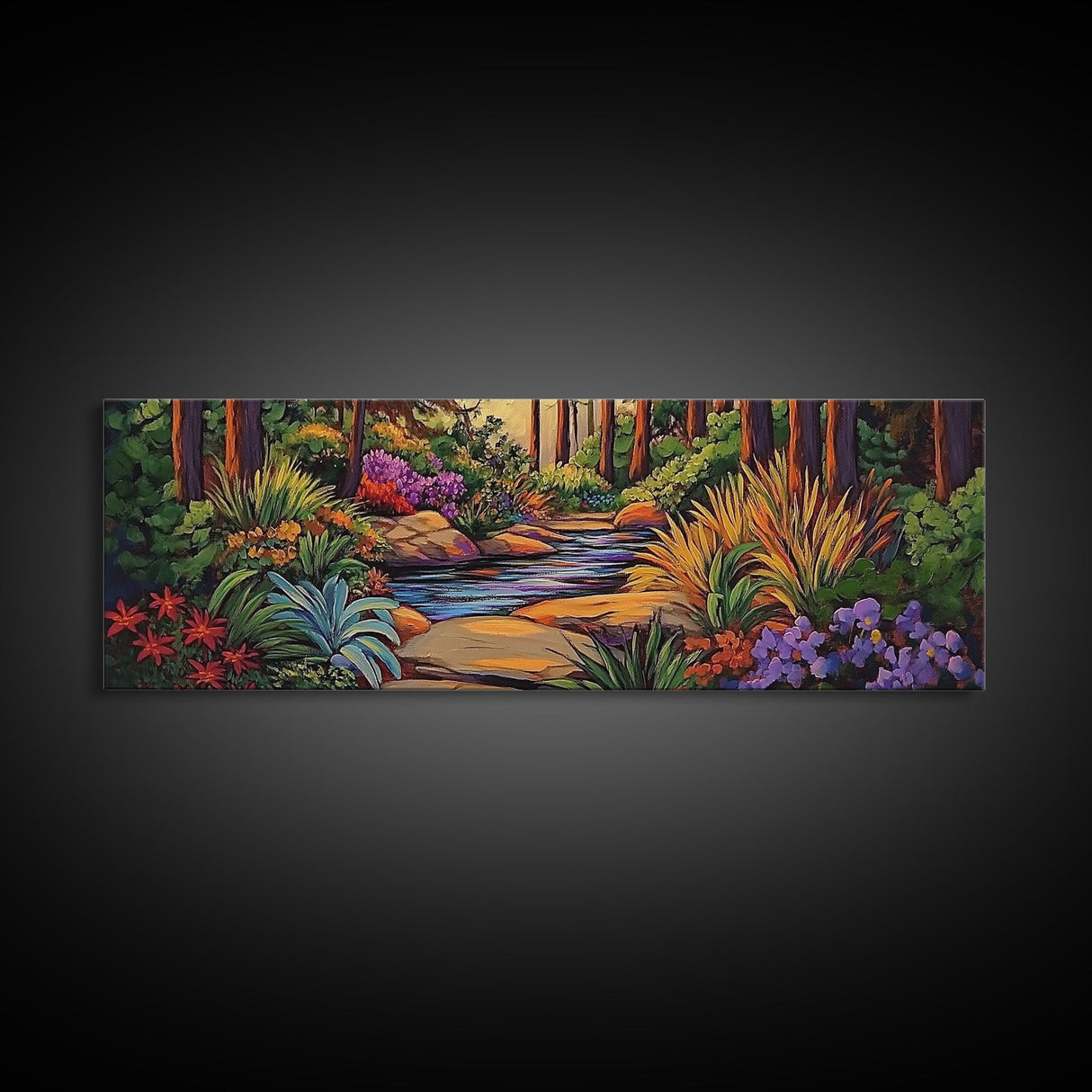 Woodland Path, Peaceful Stream, Vibrant Forest, Tranquil Nature, Framed Canvas Print, Office Wall Art, Nature Trail Decor