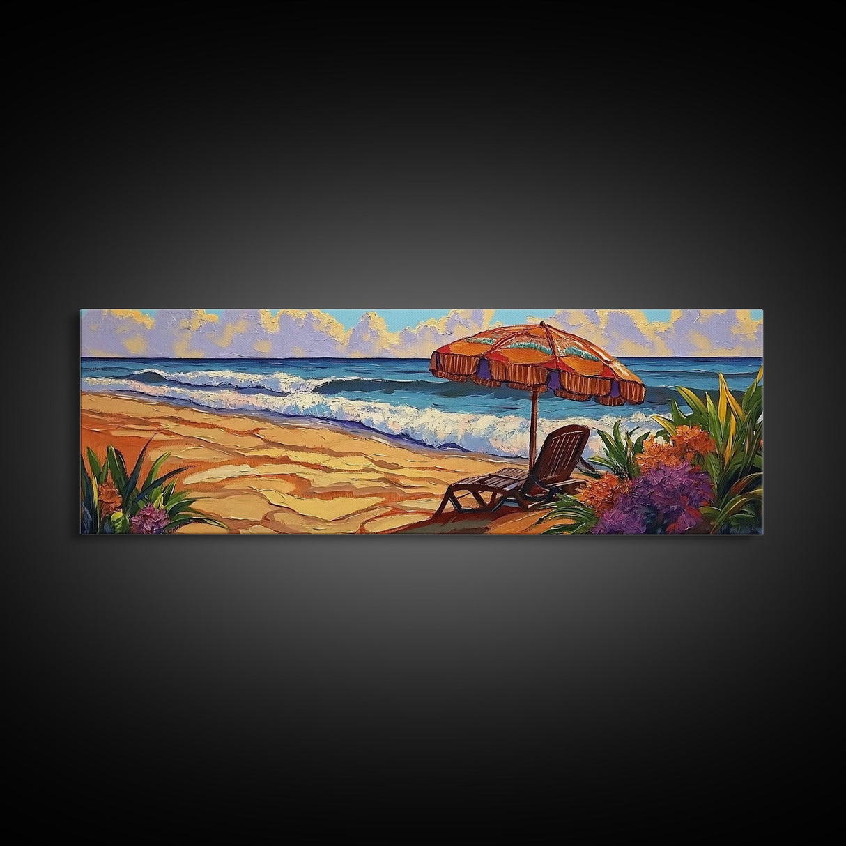 Beach Umbrella Scene, Vibrant Ocean View, Canvas Print, Tropical Coastal Decor, Seaside Living Room Wall Art, Boho Beach Style