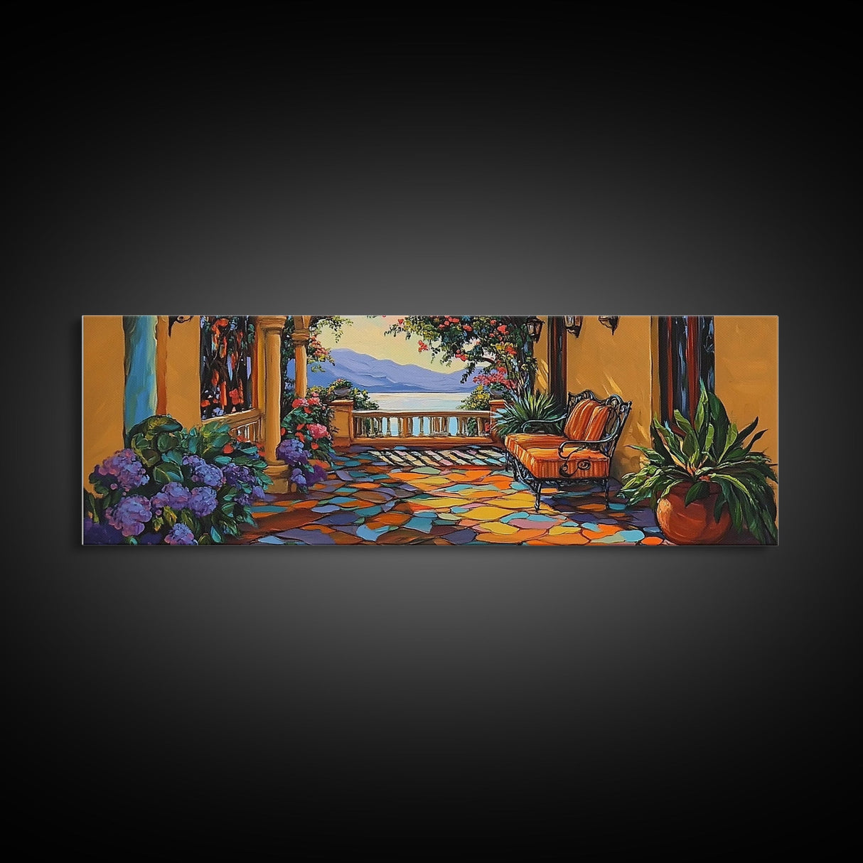 Garden Balcony, Mediterranean Villa, Sunset View, Cozy Terrace, Canvas Print, Tuscan Decor, Romantic Outdoor Wall Art