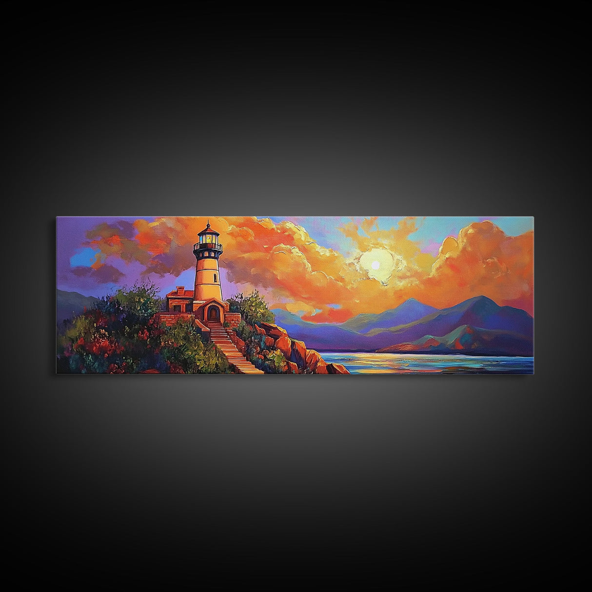 Lighthouse Sunset, Coastal Path, Mountain Horizon, Framed Canvas Print, nautical wall art, romantic sunset, boho living room decor