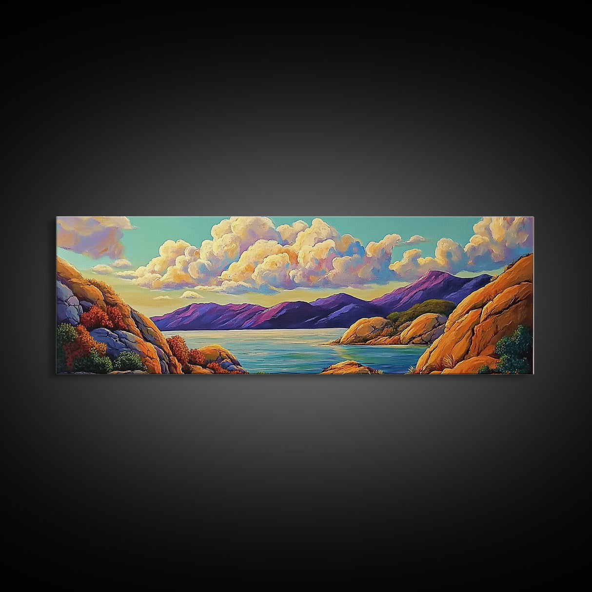 Rocky Coast View, Cloudy Sky Seascape, Peaceful Nature Art, Framed Canvas Print, Beach House Decor, Coastal Bedroom Wall Art