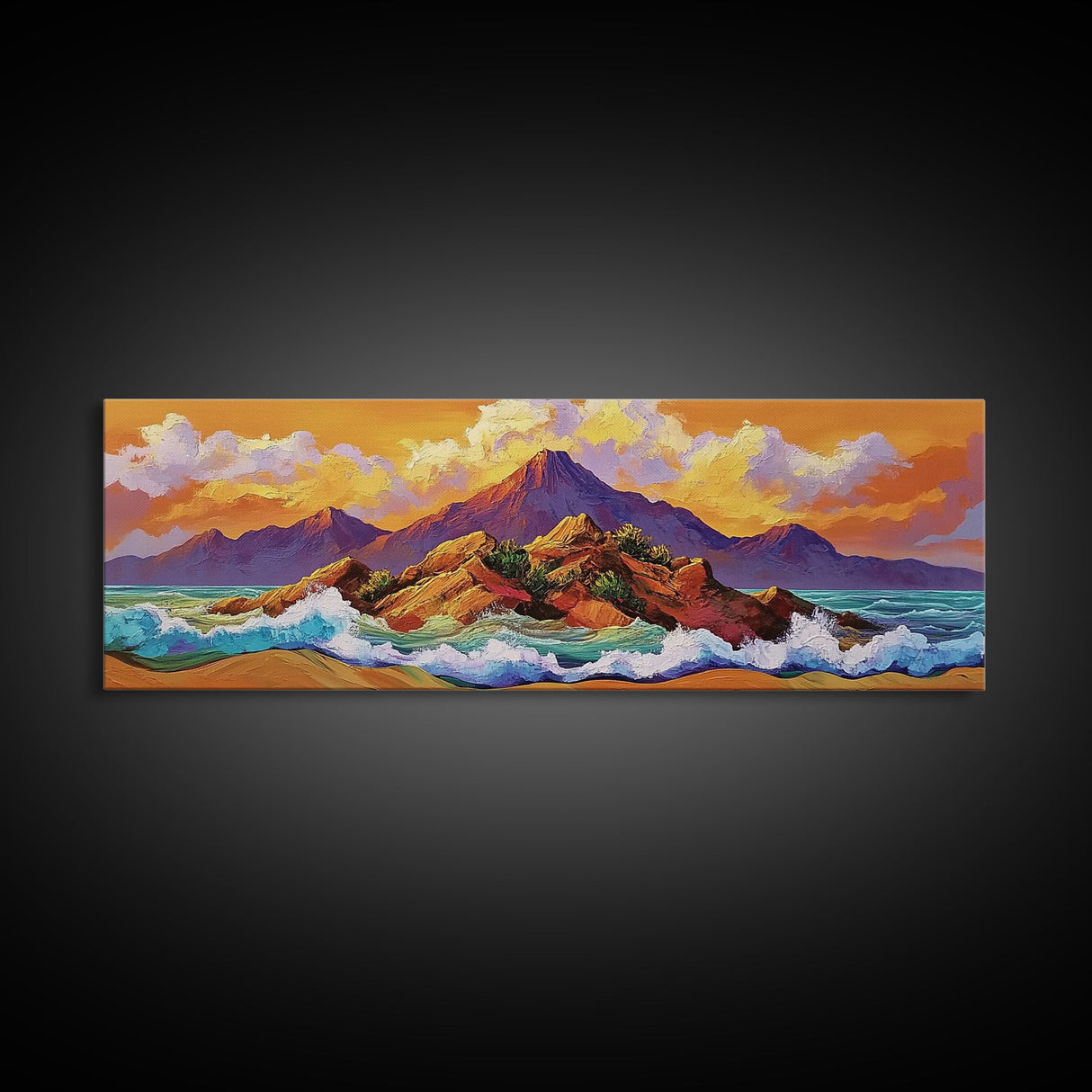 Sunset Island Scene, Bold Ocean Mountainscape, Tropical Beach Decor, Framed Canvas Print, Boho Bedroom or Vacation Home Wall Art
