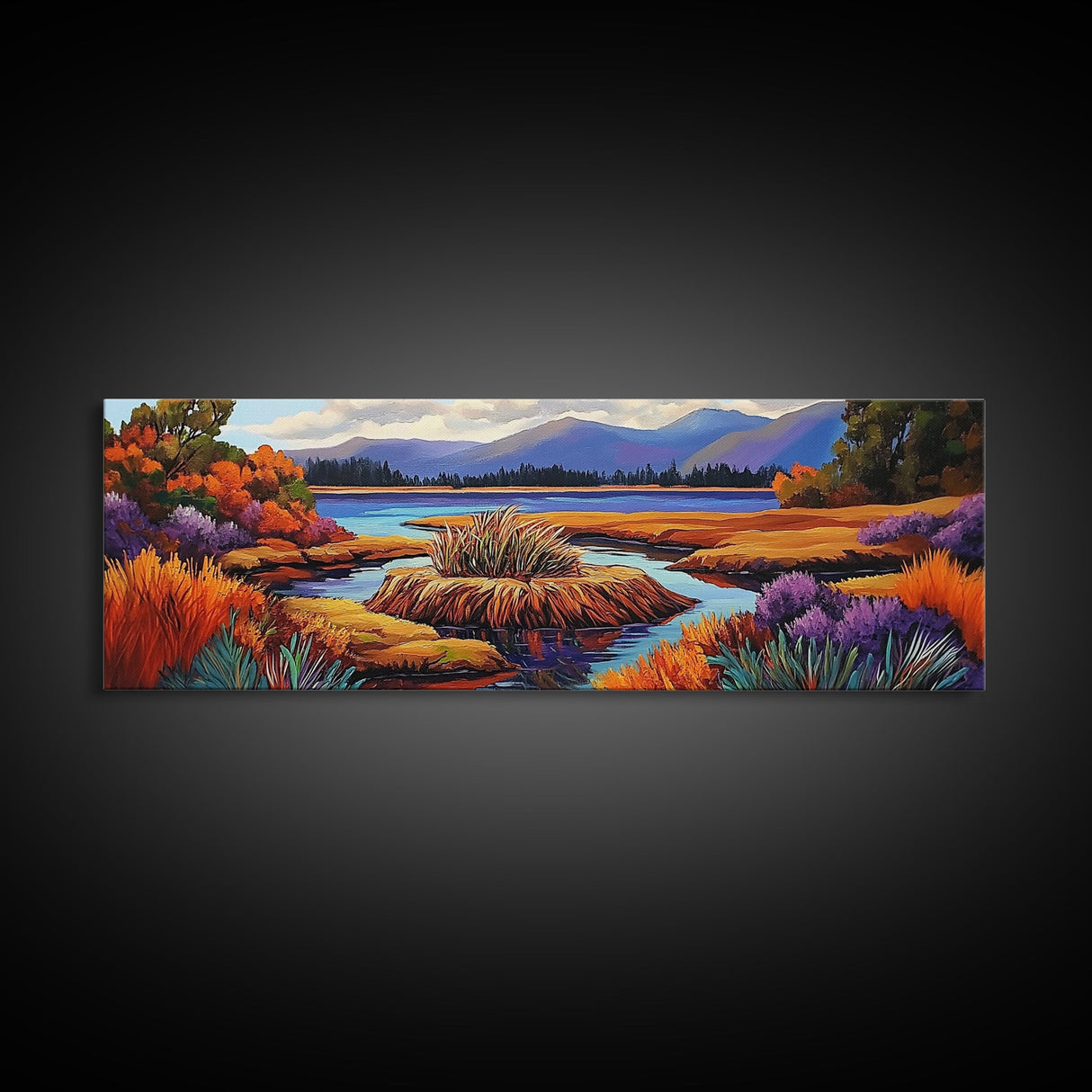 Autumn Lake, Purple Trees, Fall Landscape, Colorful Reflections, Framed Canvas Print, Cabin Wall Art, Cozy Fall Decor, Nature Inspired
