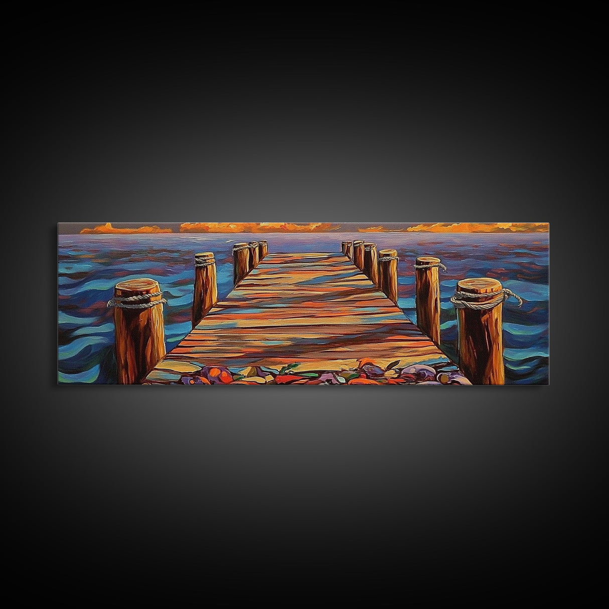 Wooden Dock Sunset, Ocean Pier Painting, Tranquil Seascape Decor, Nautical Beach House Style, Framed Canvas Print
