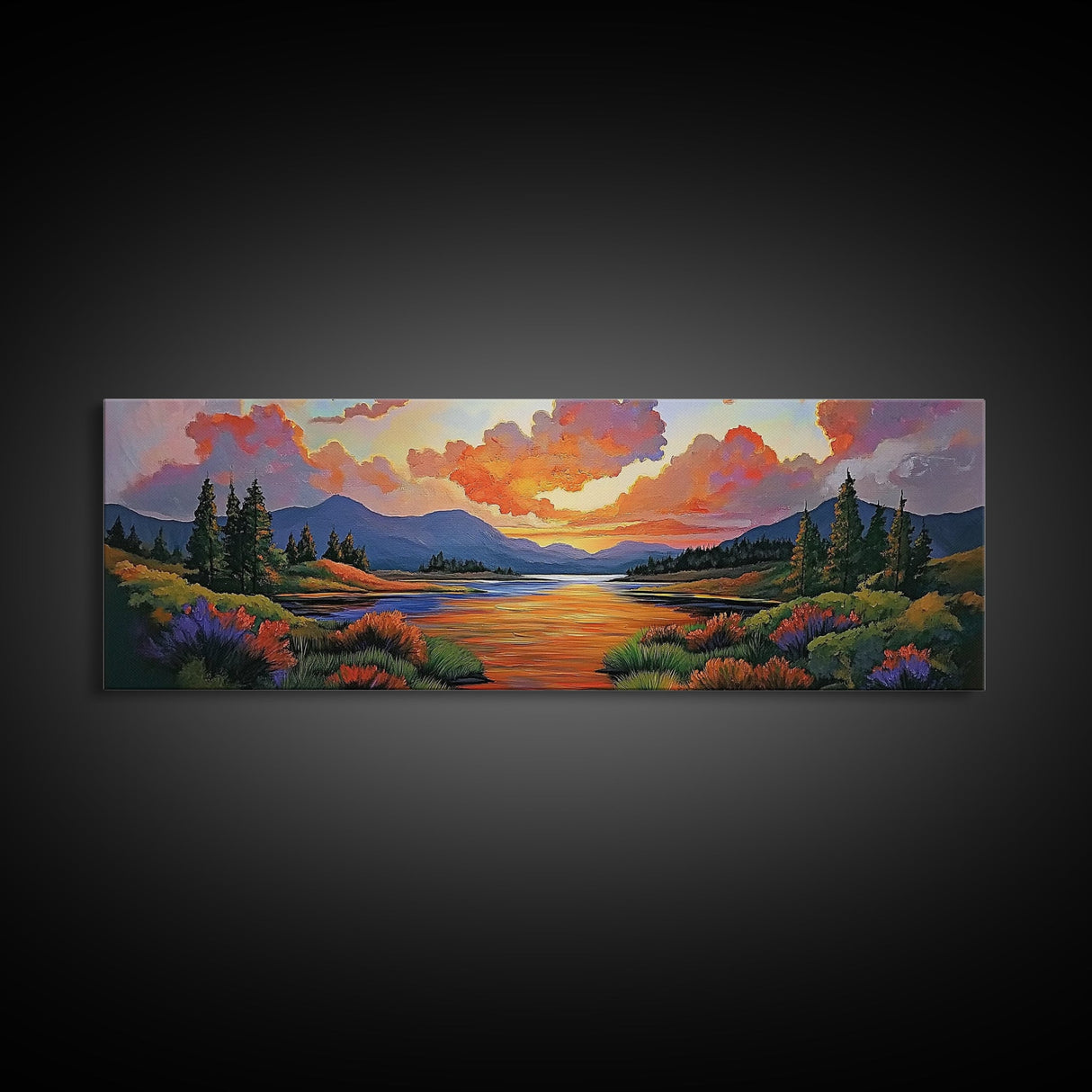 Sunset River, Nature Glow, Autumn Lake, Canvas Print, colorful sunset landscape, rustic mountain scene, Fall decor, cabin wall art