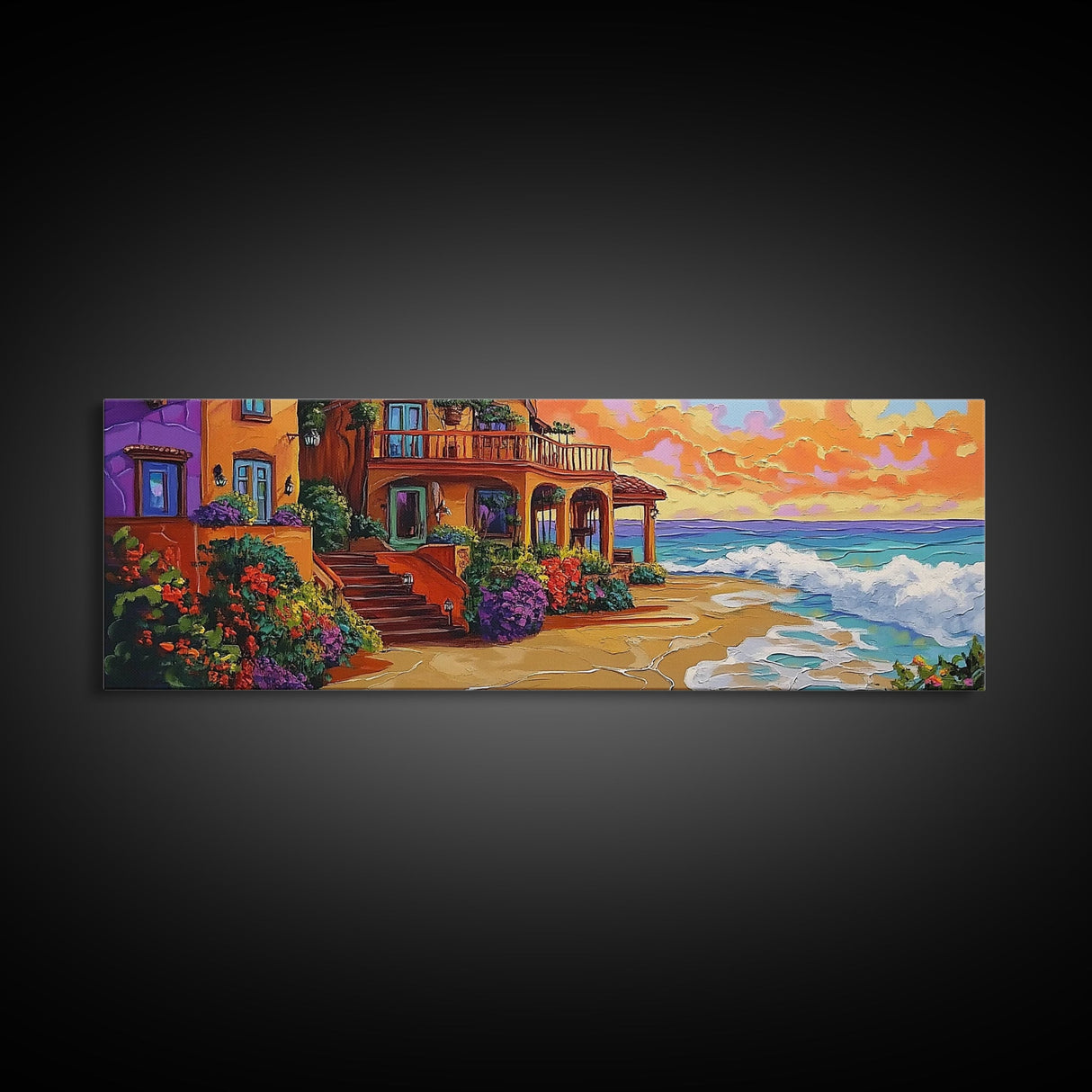 Coastal Villa, Ocean View, Sunset Beach, Canvas Print, Mediterranean house art, colorful seaside decor, boho kitchen art