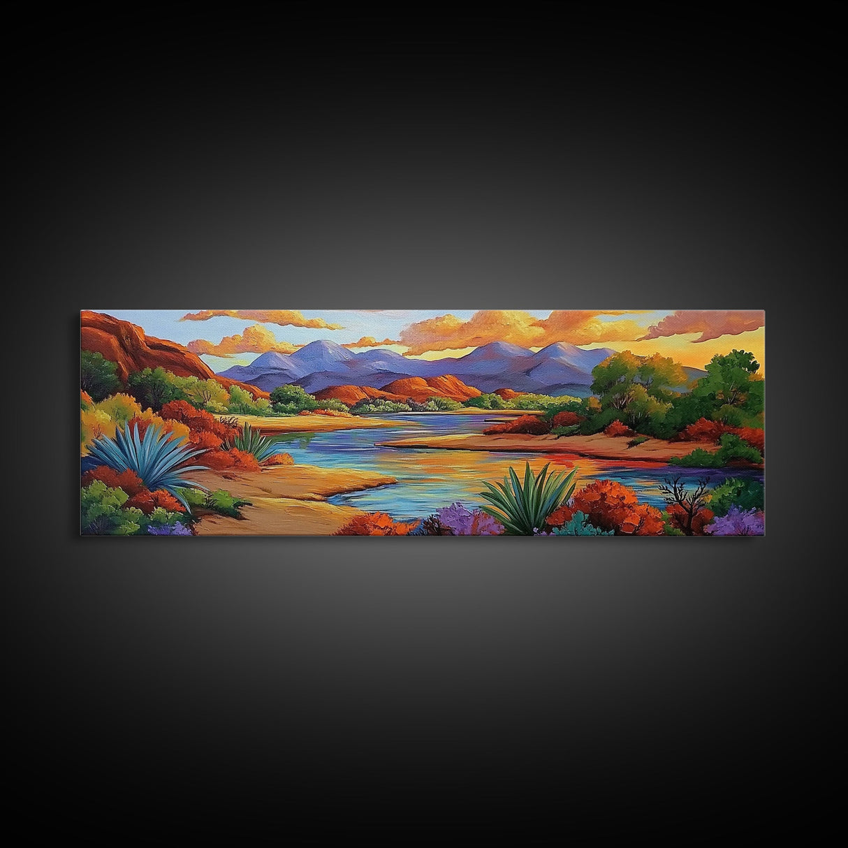 Desert River Colors, Southwest Landscape, Mountain Sunset, Framed Canvas Print, Living Room Wall Art, Earthy Tones, Fall Boho Decor