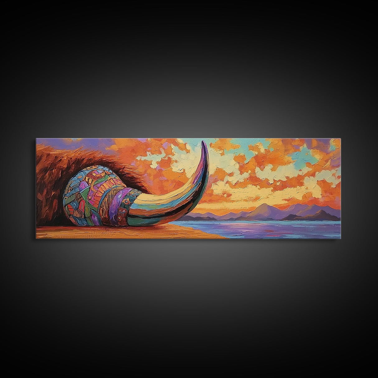 Longhorn Skull, Sunset Sky, Boho Western, Tribal Texture, Framed Canvas Print, Desert Wall Art, Living Room Decor, Southwestern Vibe