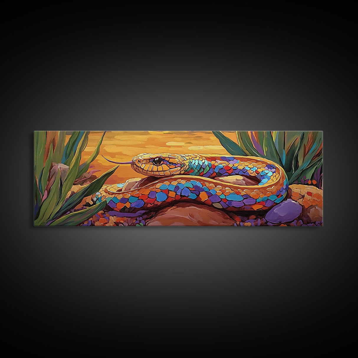 Sunset Snake Painting, Colorful Desert Creature, Serpent Among Rocks, Framed Canvas Print, Boho Wall Art, Eclectic Decor Piece