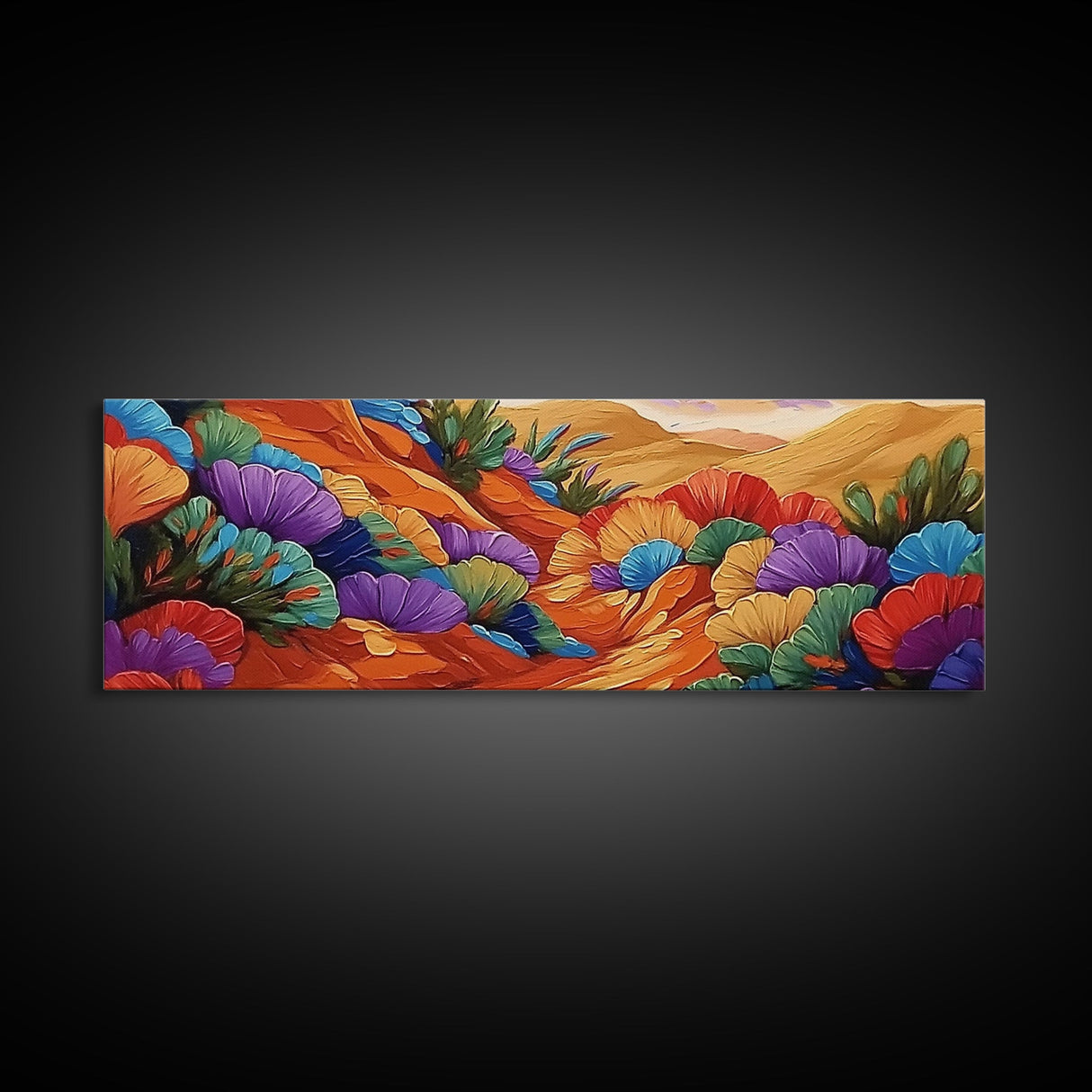 Colorful Desert Blooms, Vibrant Landscape, Boho Floral Style, Framed Canvas Print, Bedroom Wall Art, Modern Southwestern Painting