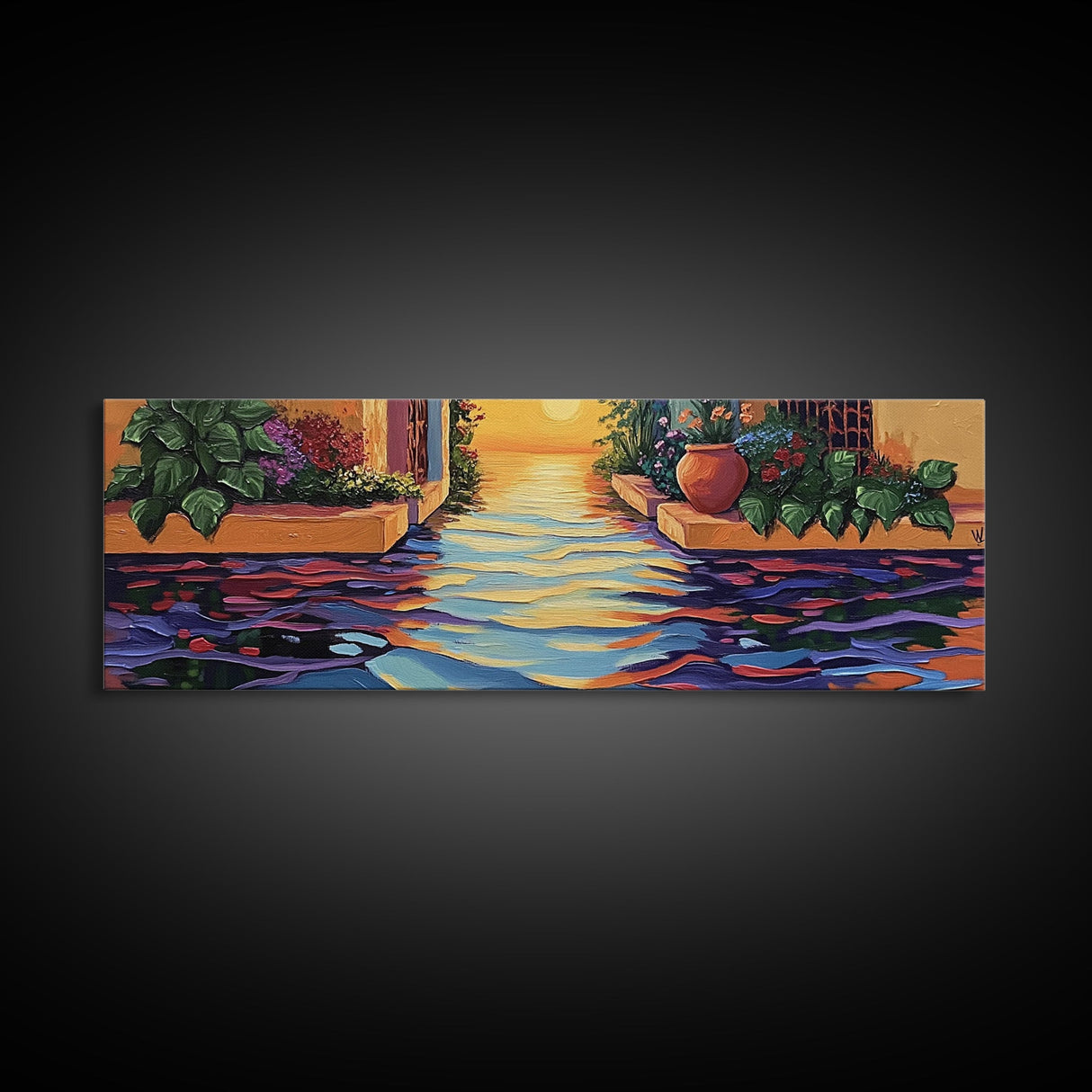 Sunset Canal Garden, Water Reflections, Warm Floral Courtyard, Framed Canvas Print, Kitchen Wall Art, Romantic Boho Artwork