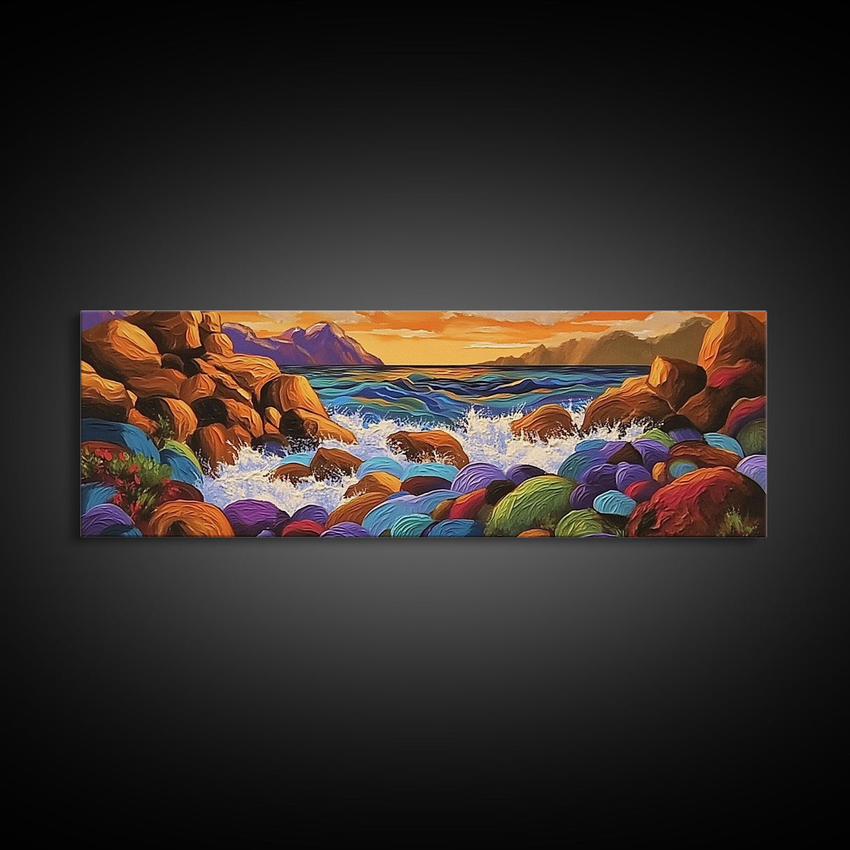 Rocky Coastline, Sunset Splash, Rainbow Stones, Framed Canvas Print, Bathroom Wall Art, Modern Seaside Art, Bold Landscape Vibes