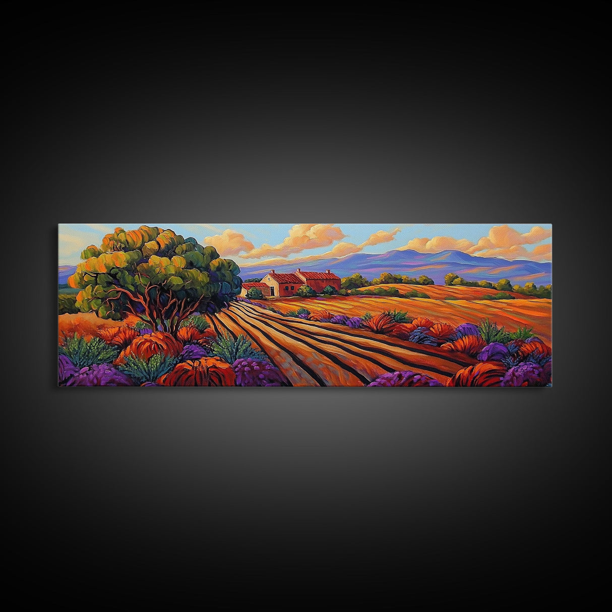 Autumn Farm Fields, Colorful Trees, Rural Home Landscape, Canvas Print, Fall Wall Decor, Country Living Room Wall Art, Impressionist Style
