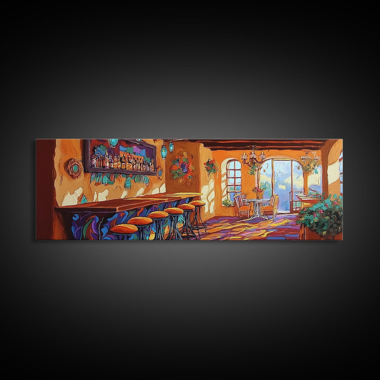 Rustic Cantina Interior, Mexican Bar Scene, Warm Home Decor, Framed Canvas Print, Dining Room Art, Cozy Southwestern Style