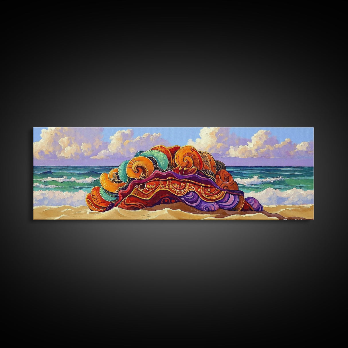 Vibrant Shell Art, Ocean Fantasy, Whimsical Beach, Nature Vibes Framed Canvas Print, Coastal Bathroom Art, Boho Sea Decor