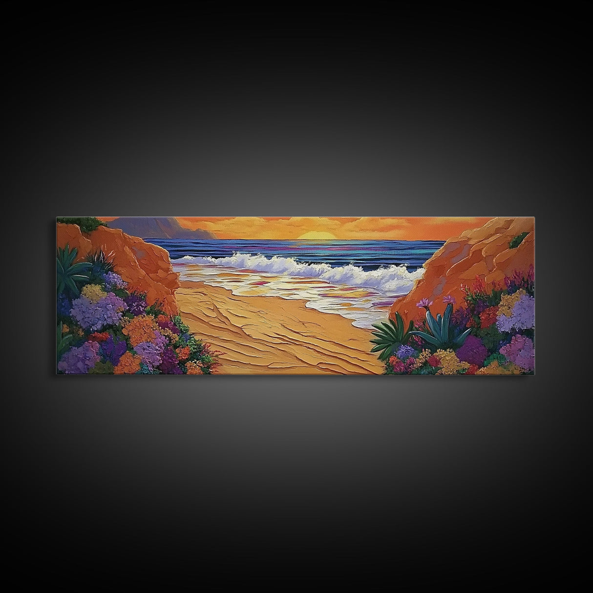 Tropical Cove, Sunset Beach, Colorful Blooms, Coastal Escape Framed Canvas Print, Bedroom Wall Art, Bold Landscape Painting
