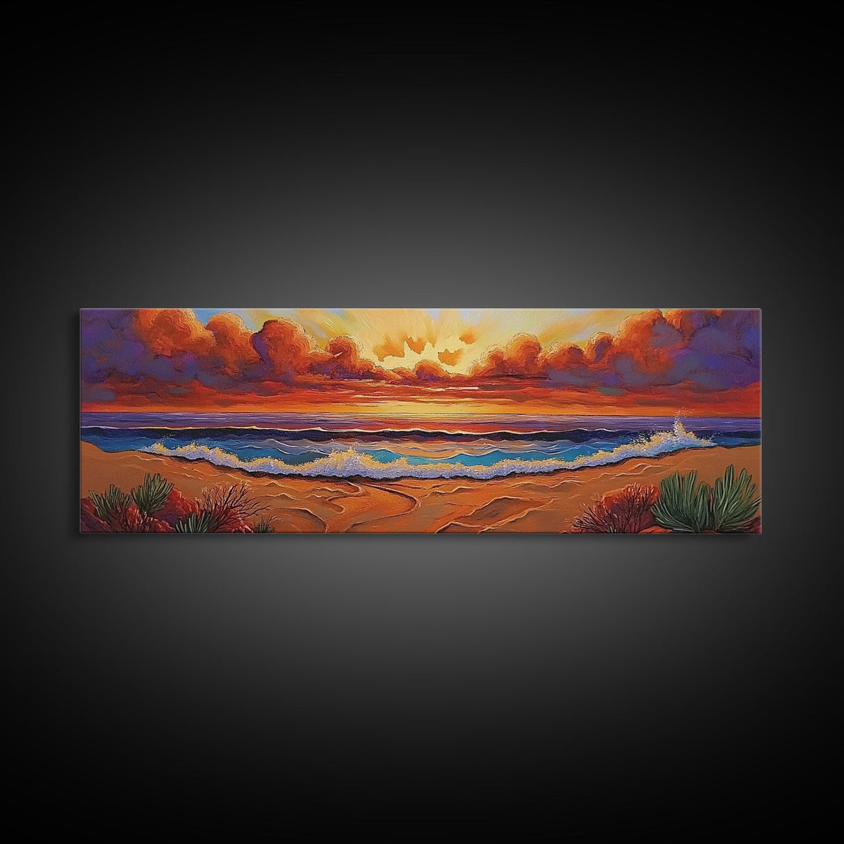 Sunset Coastline, Dramatic Sky, Evening Surf, Autumn Horizon Framed Canvas Print, Dining Room Wall Art, Moody Coastal Art
