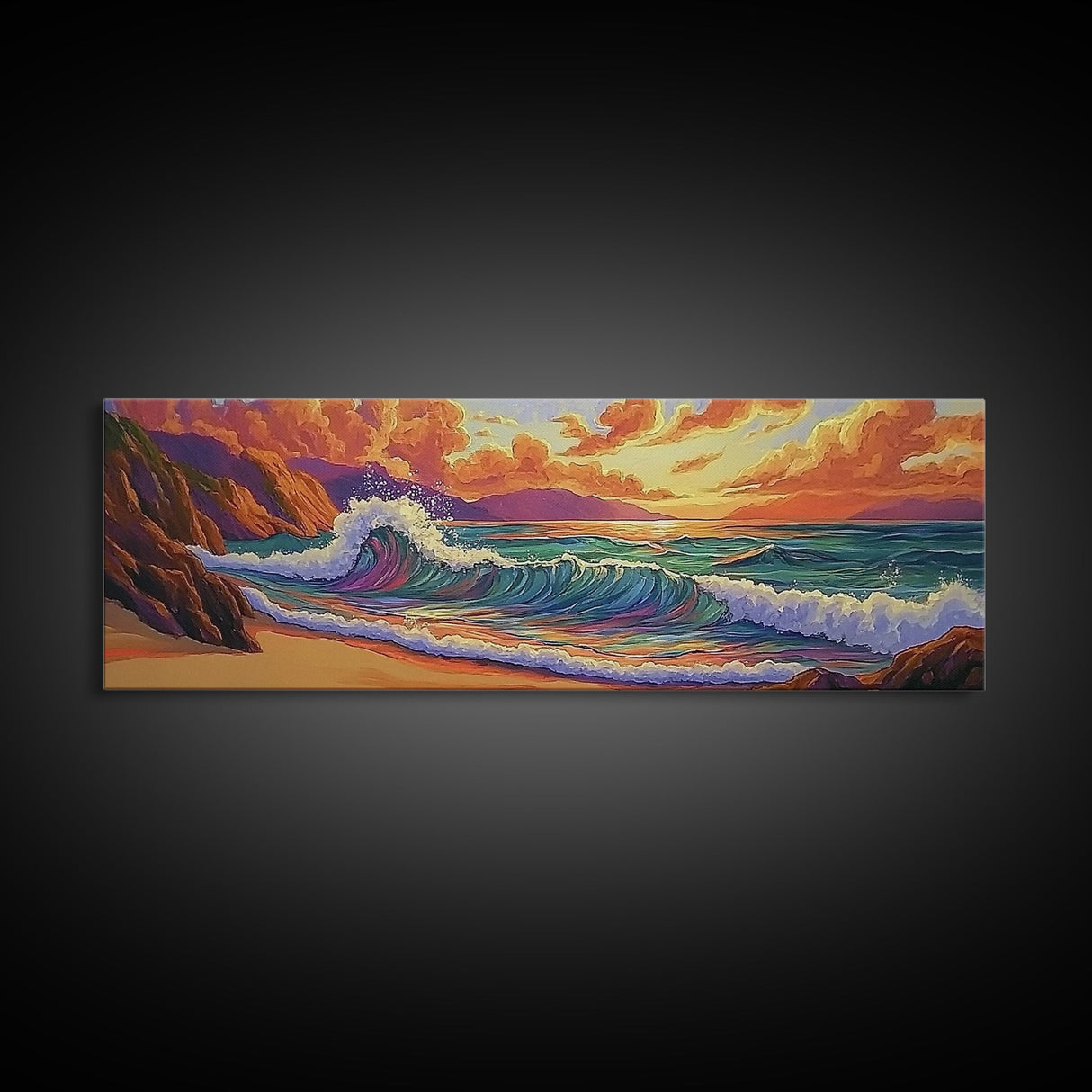 Sunset Surf, Rocky Coast, Vibrant Ocean, Evening Glow, Framed Canvas Print coastal bedroom art, surfer vibes, modern beach wall art
