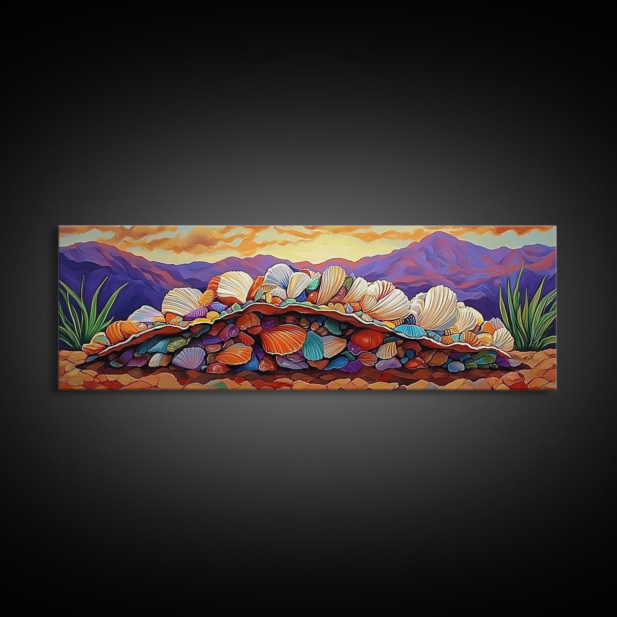 Colorful Shell Art, Coastal Mountain Decor, Ocean Nature Vibes, Beach Shell Wall, Framed Canvas Print, Living Room Coastal Boho Art