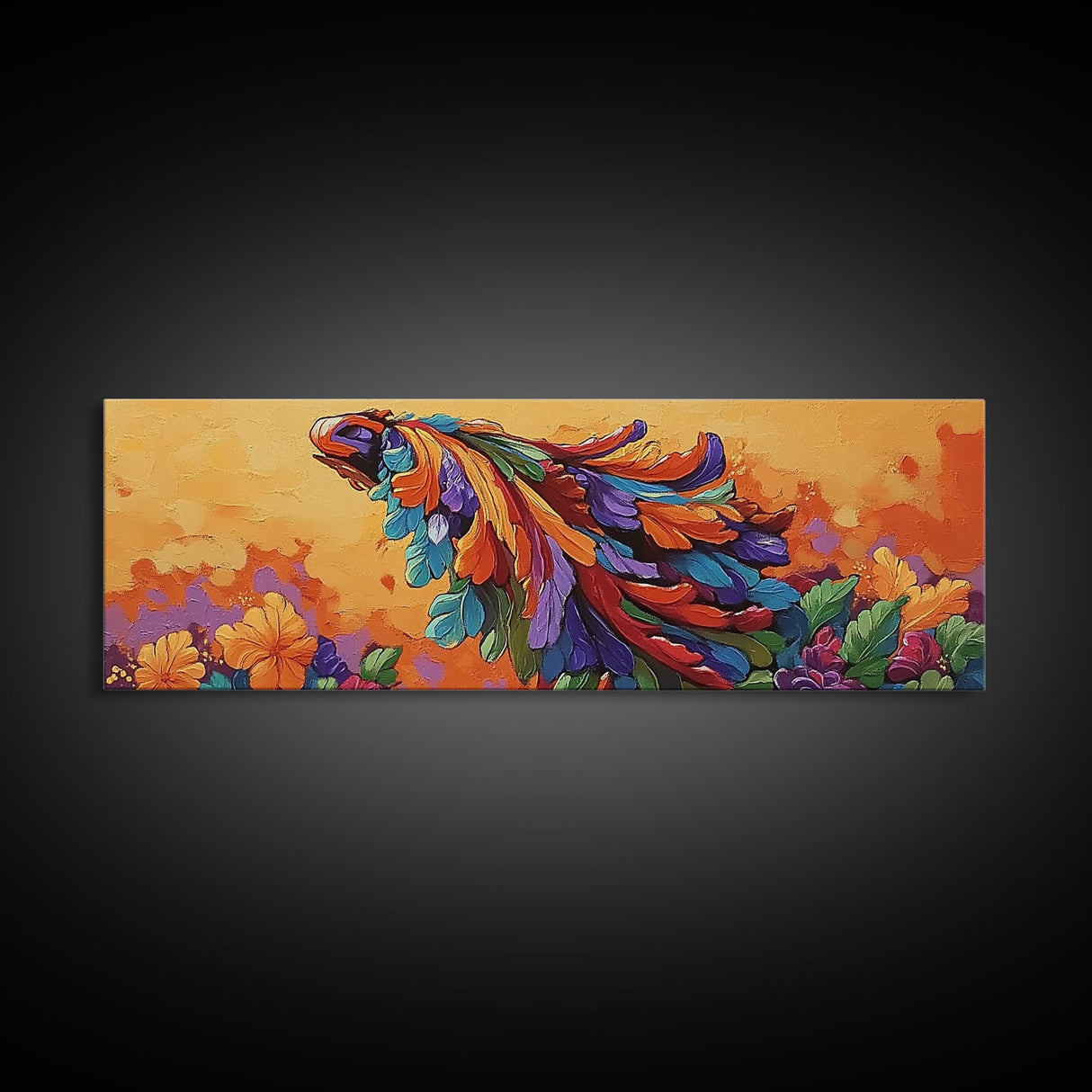 Tropical Parrot, Feathers Bloom, Jungle Vibes, Framed Canvas Print, Bright Animal Wall Art, Boho Living Room Decor, Bold Colors