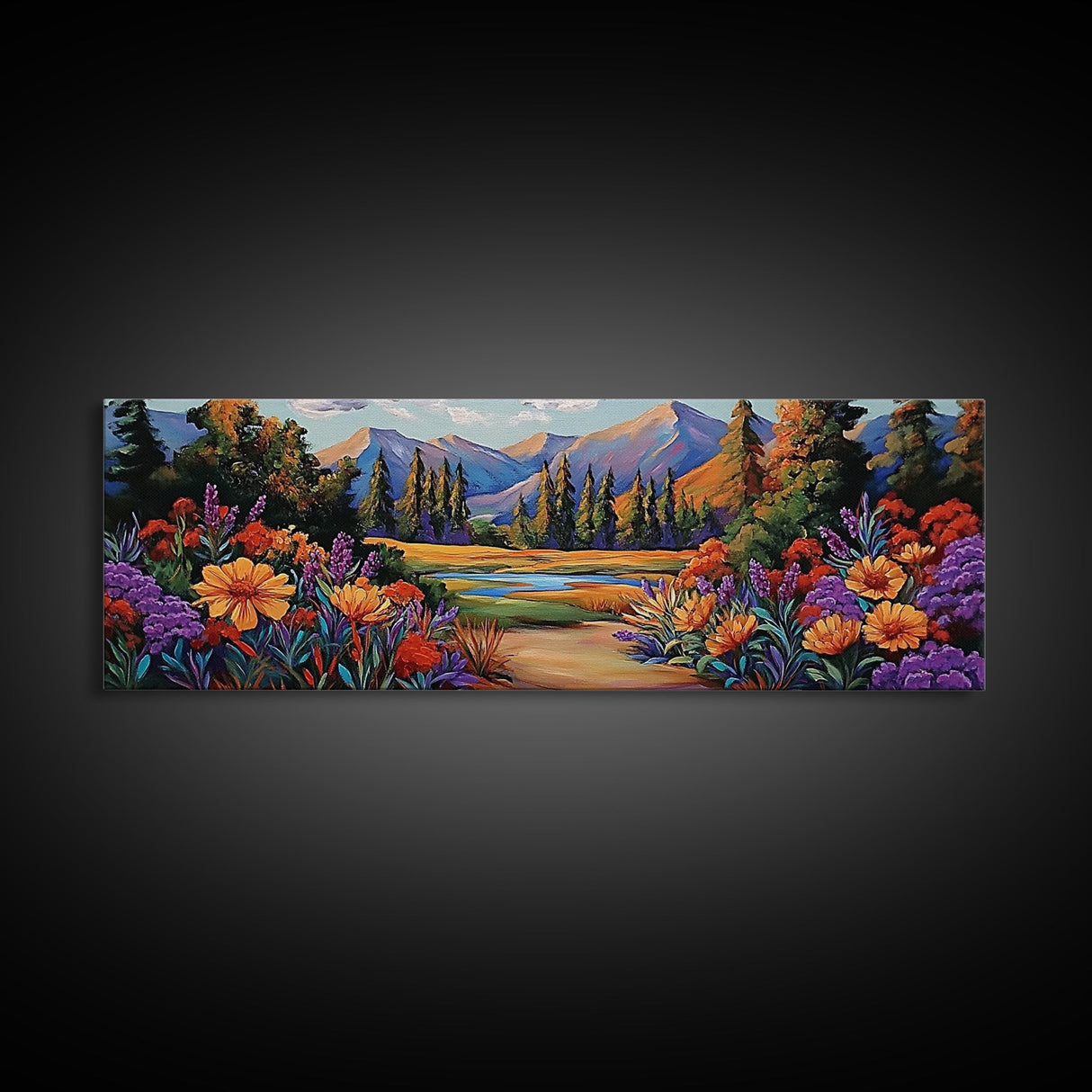 Wildflower Trail Art, Mountain Landscape, Framed Canvas Print, Nature Inspired Decor, Boho Living Room Wall Art, Vibrant Floral Scene