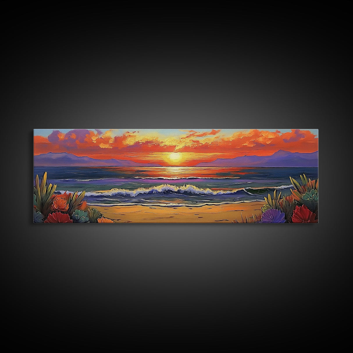 Sunset Shoreline Glow, Coastal Floral Painting, Serene Nature Art, Canvas Print, Boho Beach Decor, Living Room or Bedroom Wall Art