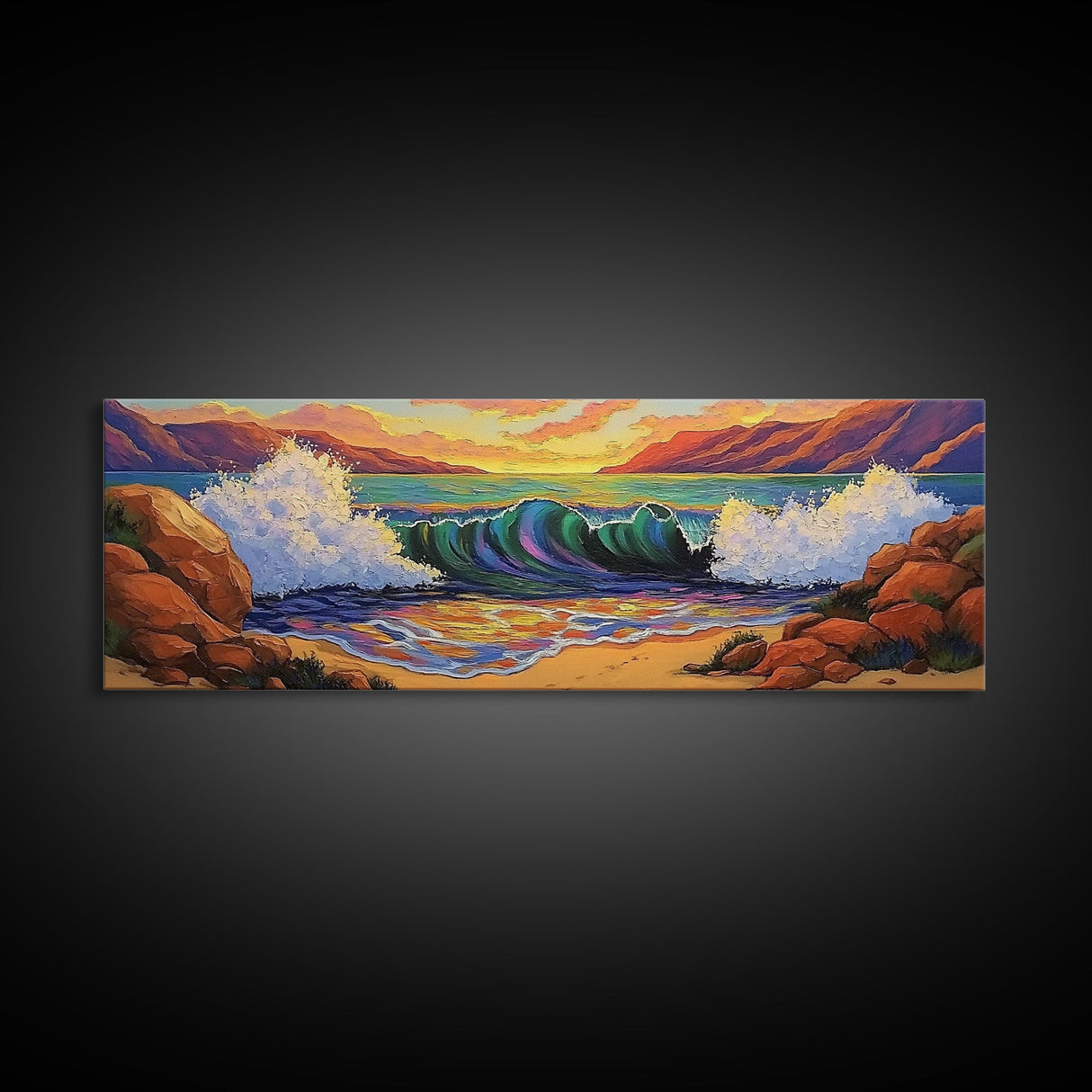 Ocean Power Crash, Colorful Seaside Painting, Bold Wave Art, Framed Canvas Print, Coastal Wall Decor, Beach House Living Room Style