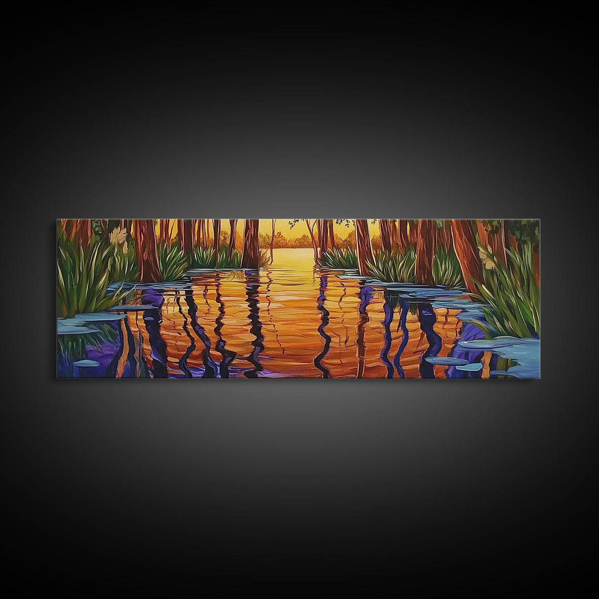 Sunset Reflection, Tranquil Forest, Swamp Scene, Cypress Trees, Framed Canvas Print, Autumn Wall Art, Rustic Decor, Nature Art