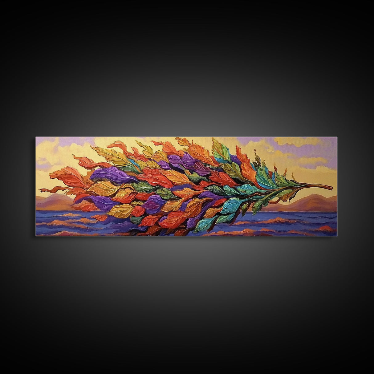 Rainbow Leaf, Nature Abstract, Coastal Breeze, Vibrant Palette, Framed Canvas Print, boho beach decor, colorful fall wall art, living room accent