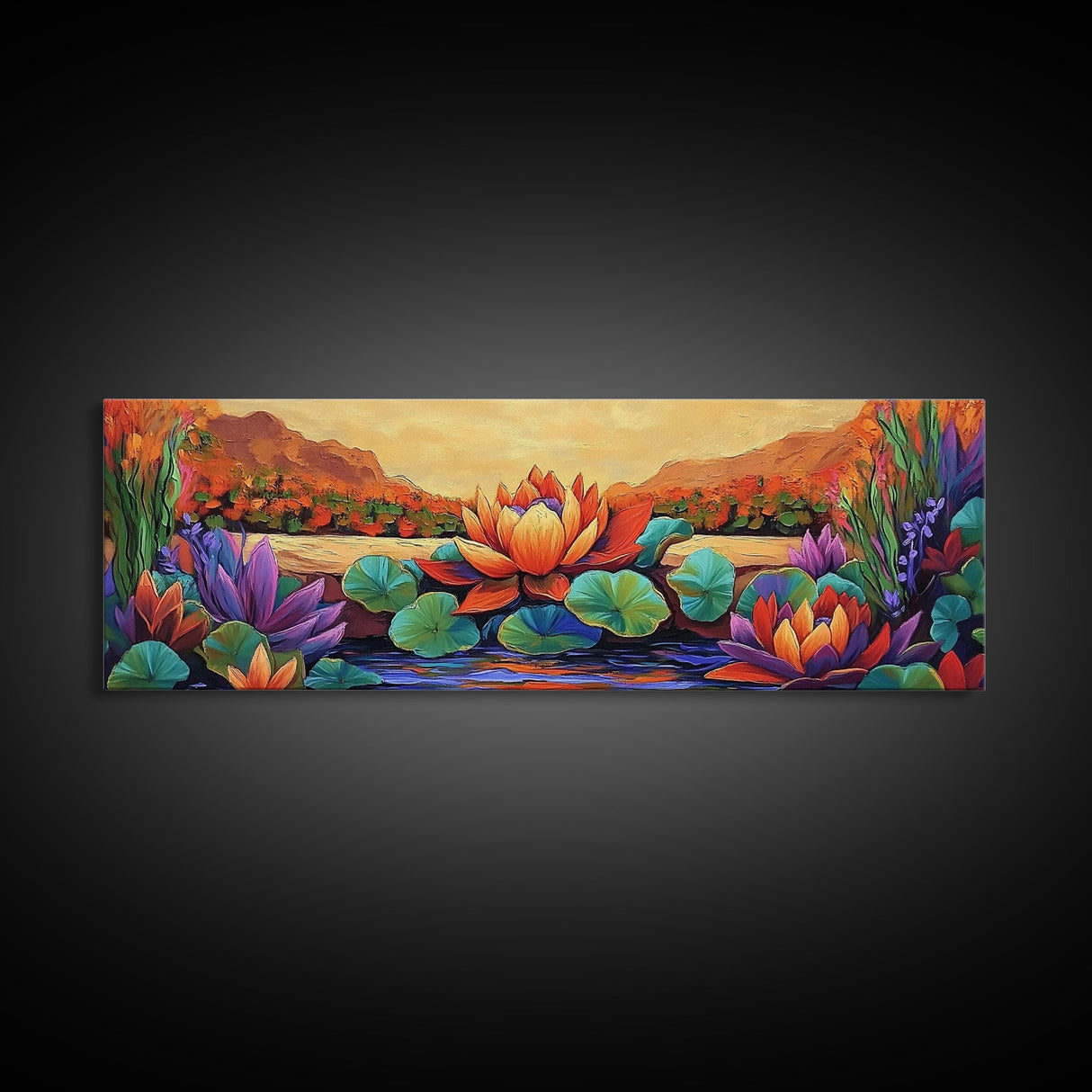 Lotus Bloom, Tranquil Pond, Sunset Flowers, Framed Canvas Print, Zen Wall Art, Yoga Studio Decor, Nature Inspired Floral Painting