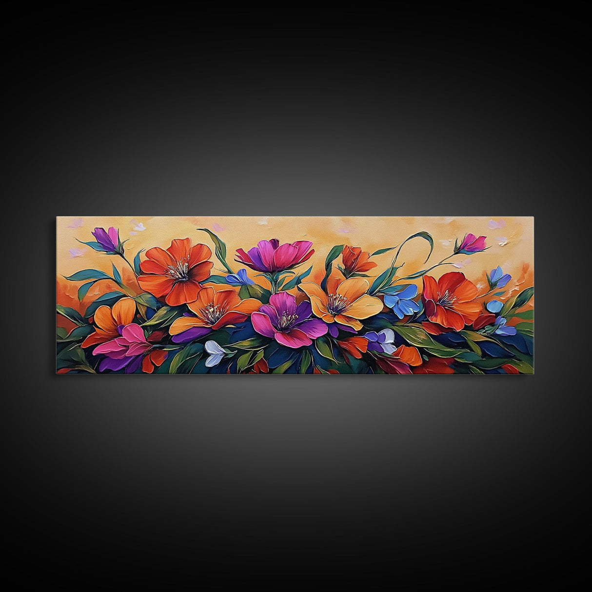 Vibrant Floral Burst, Sunset Garden, Colorful Flowers, Bold Leaves, Canvas Print, Living Room Wall Art, Boho Botanical Style