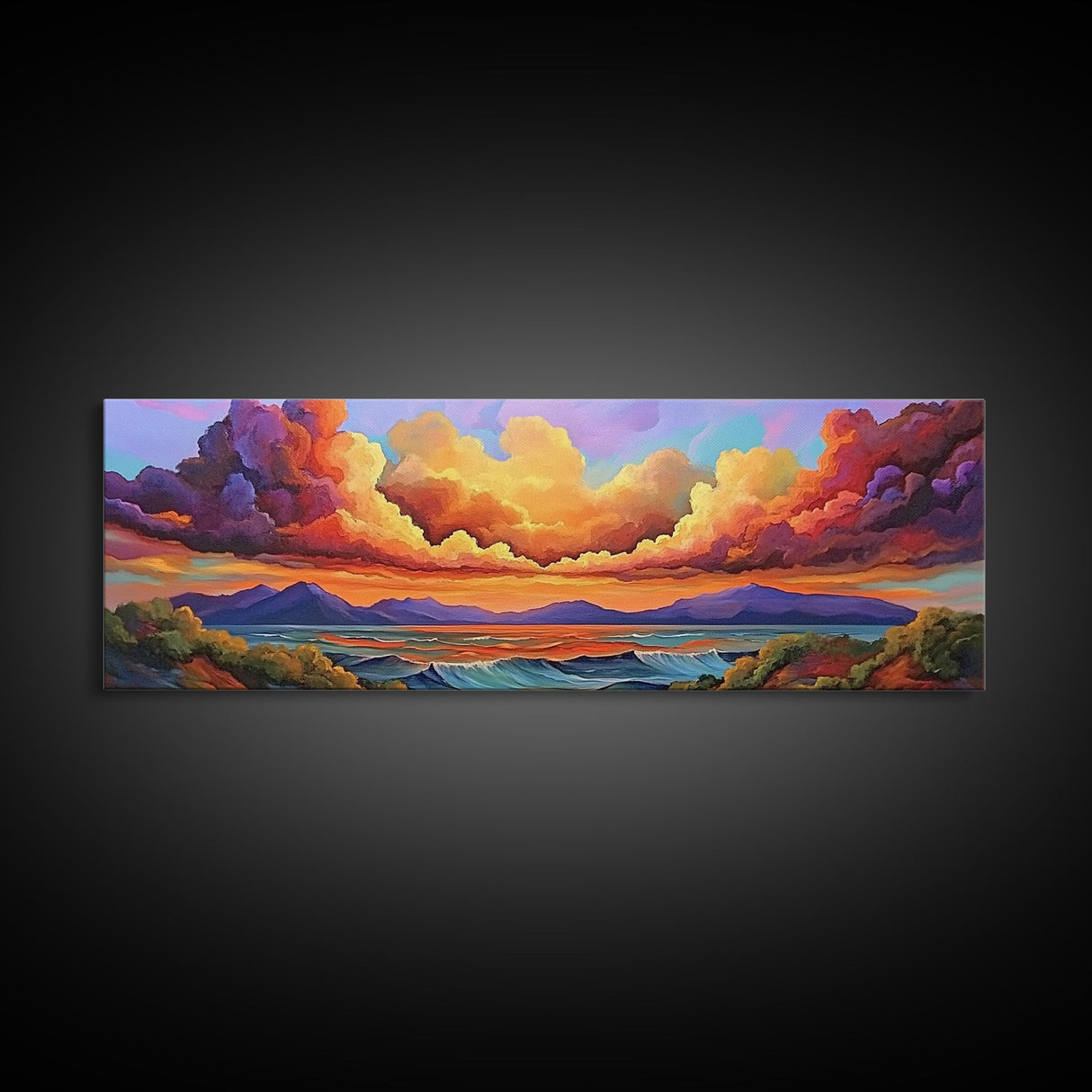 Sunset Waves, Vibrant Clouds, Mountain Sea View, Framed Canvas Print, Colorful Seascape Art, Moody Bedroom Decor, Ocean Landscape