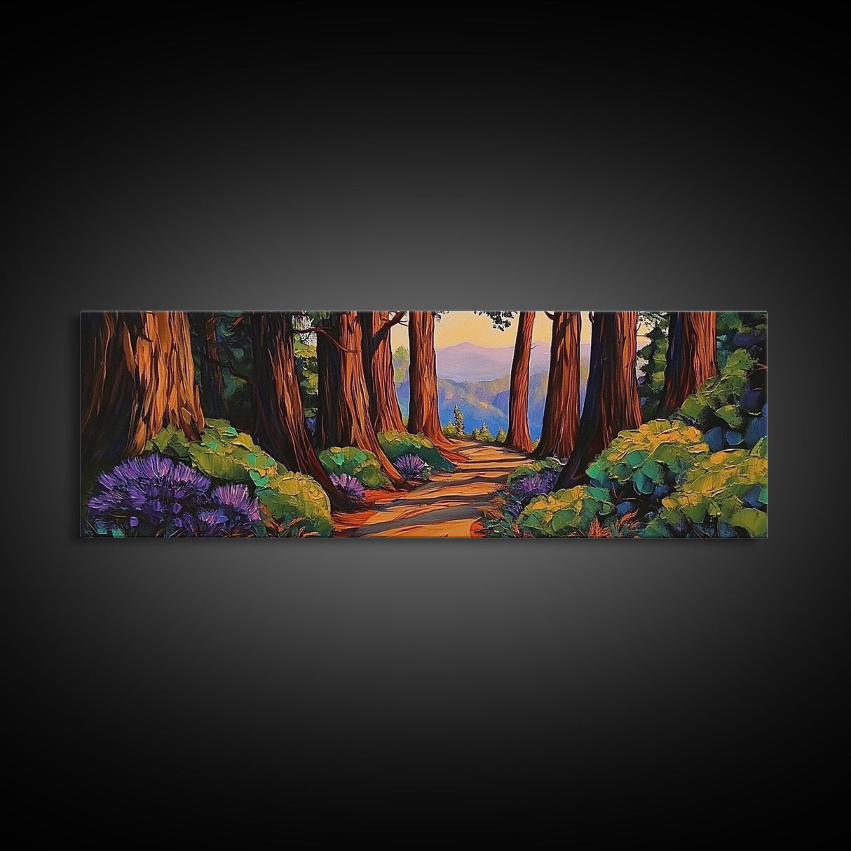 Redwood Forest, Sunset Path, Nature Trail, Peaceful Escape, Framed Canvas Print, Nature Wall Art, Bedroom Decor, Rustic Cabin Art