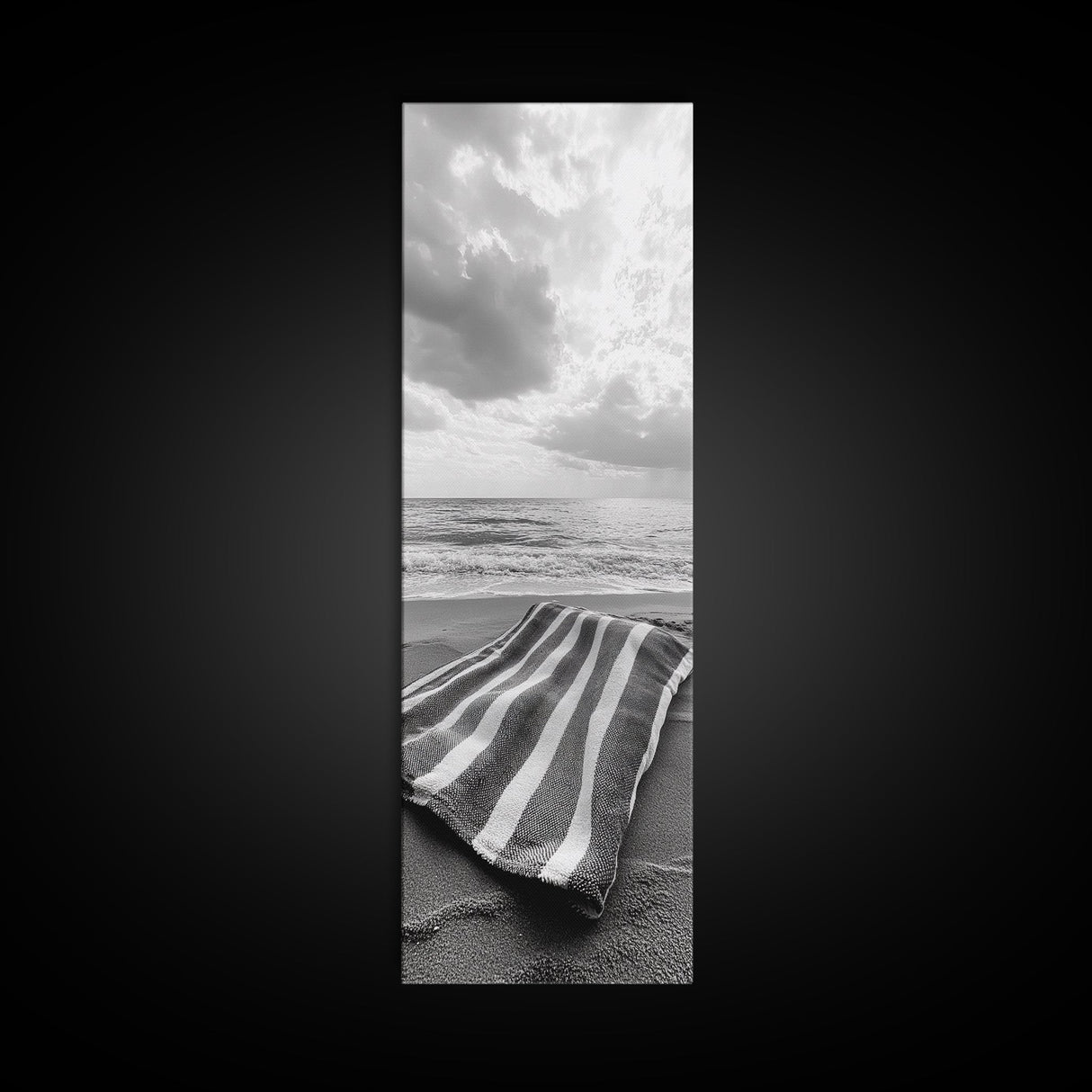 Beach Towel View, Ocean Breeze, Seaside Calm, Striped Blanket, Relaxation Mood, Framed Canvas Print, Bathroom Wall Art, Minimalist Coastal Art
