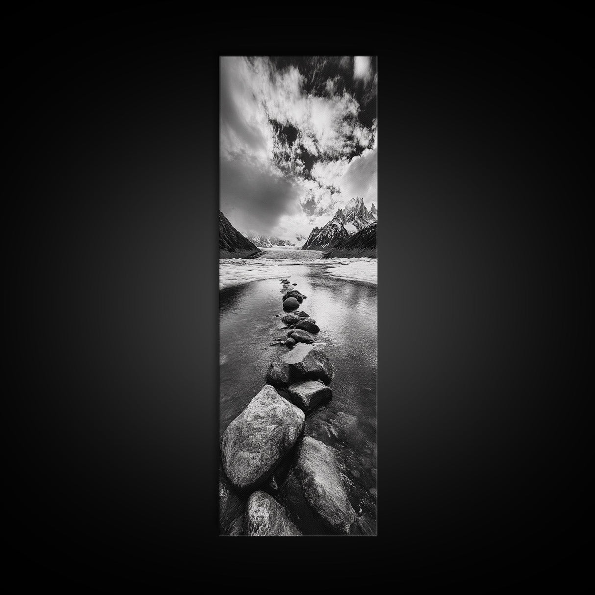 Mountain Stream, Stone Path, Black and White Nature, Scenic Landscape, Framed Canvas Print, Modern Cabin or Rustic Wall Decor, Office Art