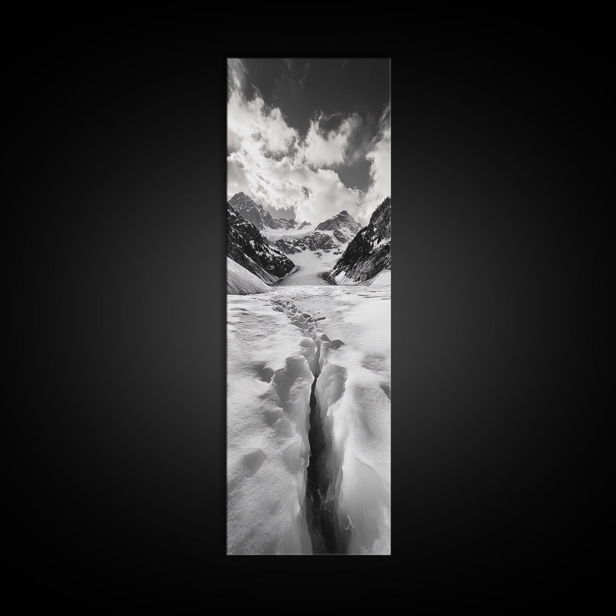 Glacier Trail, Snowy Valley, Black and White Mountain Art, Crevasse Texture, Canvas Print, Winter Landscape, Office Print, Entry Wall Art