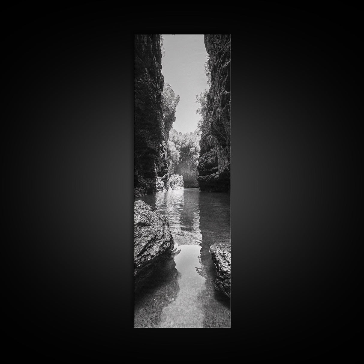 Cliff Canyon, Tranquil Water, Forest Reflection, Natural Pool, Framed Canvas Print, Black and White Nature Art, Spa Print, Hallway Decor