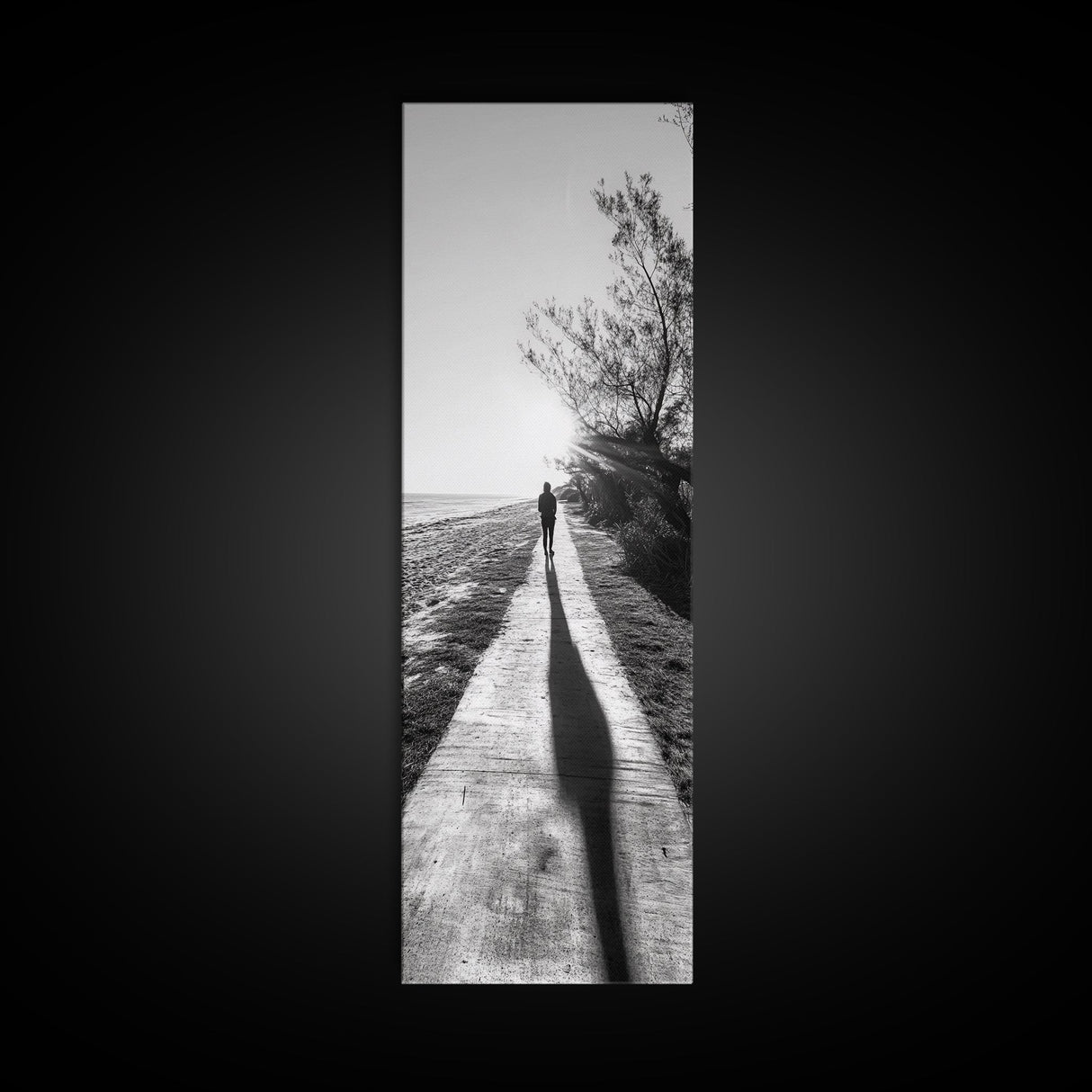 Walkway Shadows, Coastal Path, Minimalist Silhouette, Black and White Art, Framed Canvas Print, Hallway Decor, Calm Modern Wall Art
