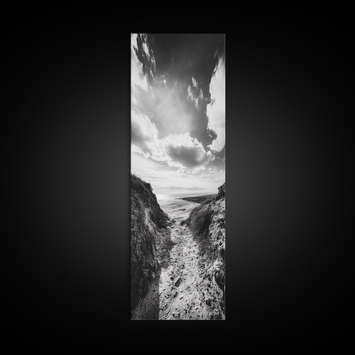 Cliffside Horizon, Beach Escape, Black and White Nature, Framed Canvas Print, Coastal Wall Art, Entryway Decor, Minimalist Aesthetic