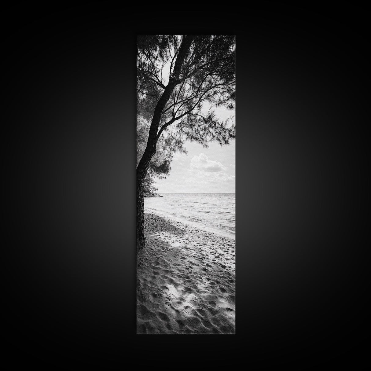 Coastal Tree Shade, Beach Sand Path, Seaside Serenity, Nature Retreat, Framed Canvas Print, Bathroom Wall Art, Neutral Tones, Calm Ocean Art