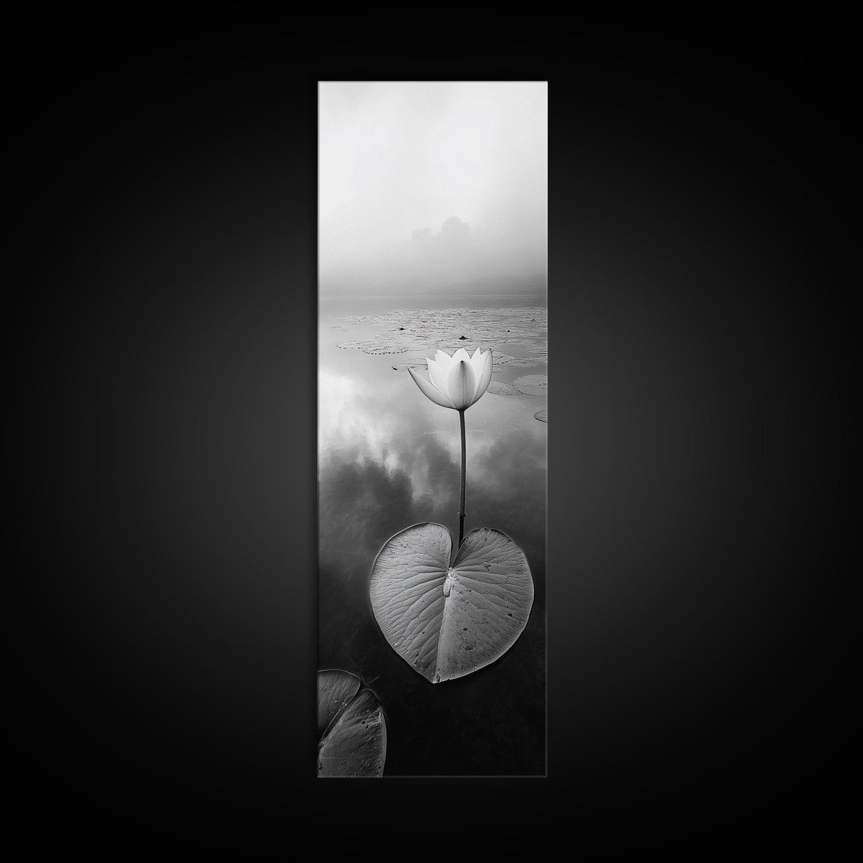 Minimalist Lotus, Zen Flower, Misty Pond, Tranquil Nature, Monochrome Botanical Framed Canvas Print, Bedroom Meditation Wall Decor
