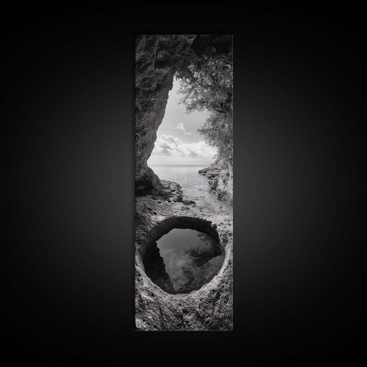 Ocean Cave, Coastal View, Natural Tide Pool, Canvas Print, Bathroom Wall Art, Seaside Decor, Minimalist Landscape, Black and White Art