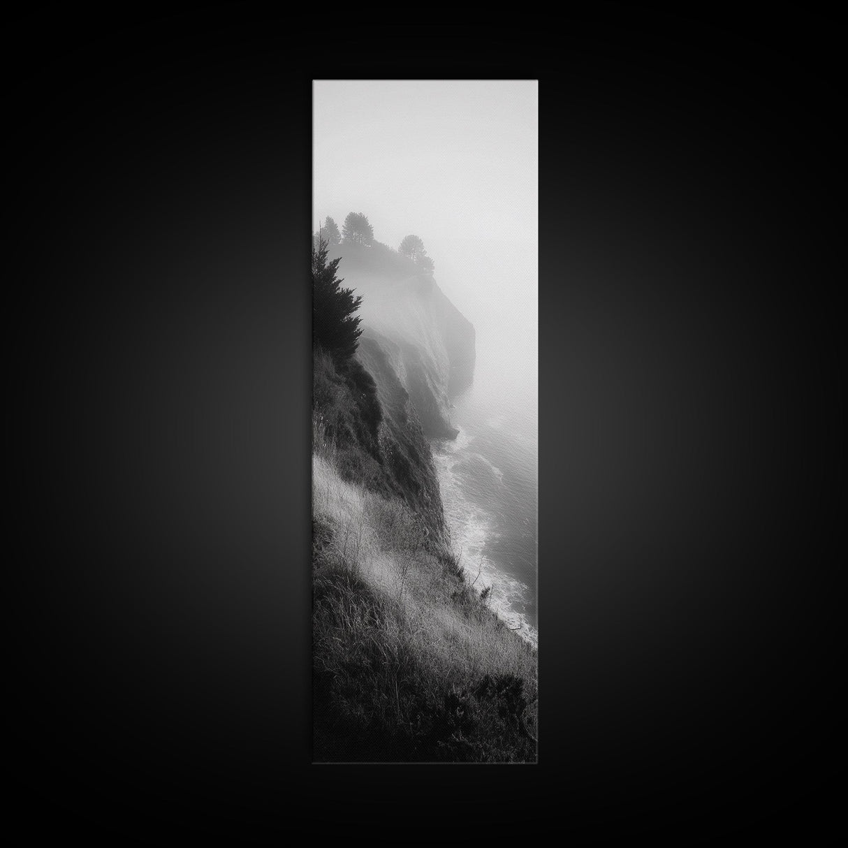 Cliffside Fog, Coastal Mist, Ocean Overlook, Framed Canvas Print, Living Room Wall Art, Monochrome Decor, Moody Landscape, Minimalist Home