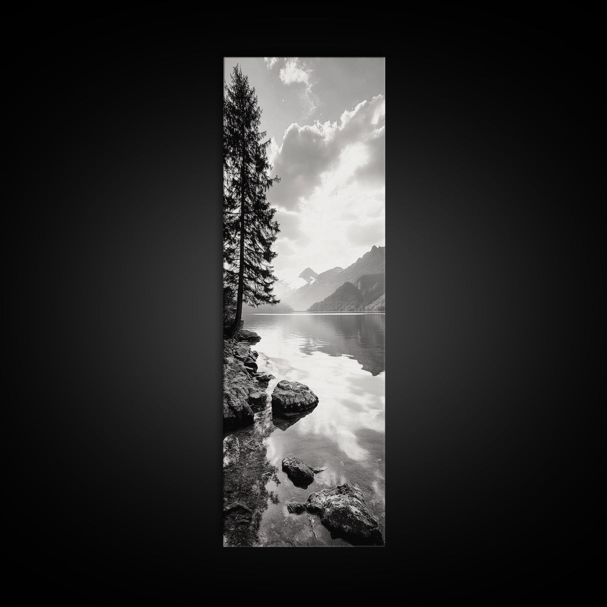Mountain Lake Peace, Still Water View, Nature Escape, Framed Canvas Print, Living Room Wall Art, Nordic Cabin Decor, Minimal Landscape