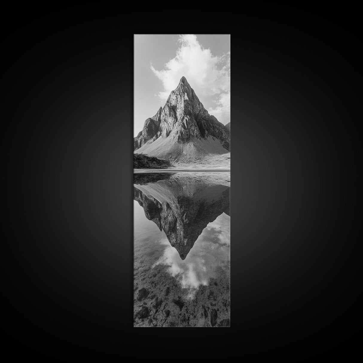 Sharp Mountain Peak, Reflection Stillness, Monochrome Wild, Framed Canvas Print, Rustic Cabin Wall Art, Nature Lover Gift Idea