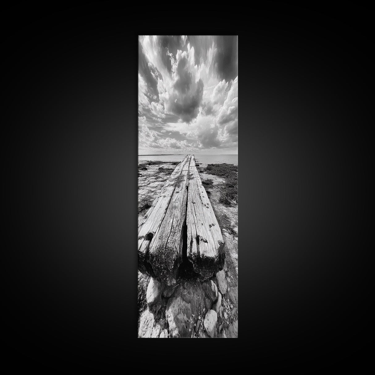 Weathered Pier End, Dramatic Ocean View, Minimalist Coastal Landscape, Canvas Print, Living Room Fall Wall Art, Rustic Decor