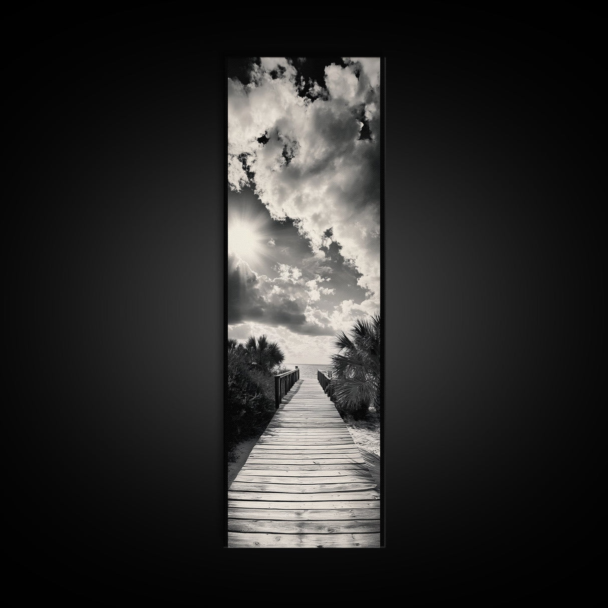 Boardwalk Path, Coastal Sunset, Palm Trees, Framed Canvas Print, Beach Walkway Wall Art, Entryway or Living Room Coastal Decor