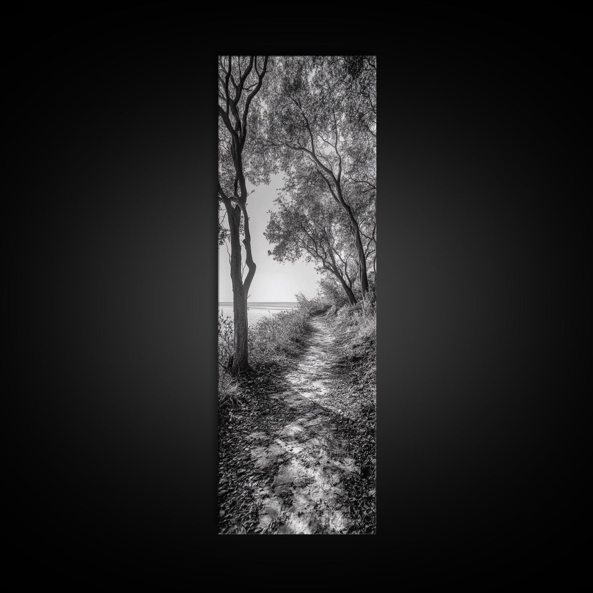Lakeside Pathway Scene, Forest Walk Tranquility, Coastal Trail Mood, Framed Canvas Print, Nature-Lover Bedroom Wall Art, Cabin Wall Art