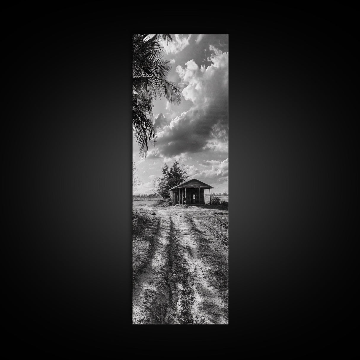 Rustic Cabin, Countryside Road, Farm Field, Palm Trees, Framed Canvas Print, Farmhouse Entryway Wall Art, Fall Landscape, Den Wall Art