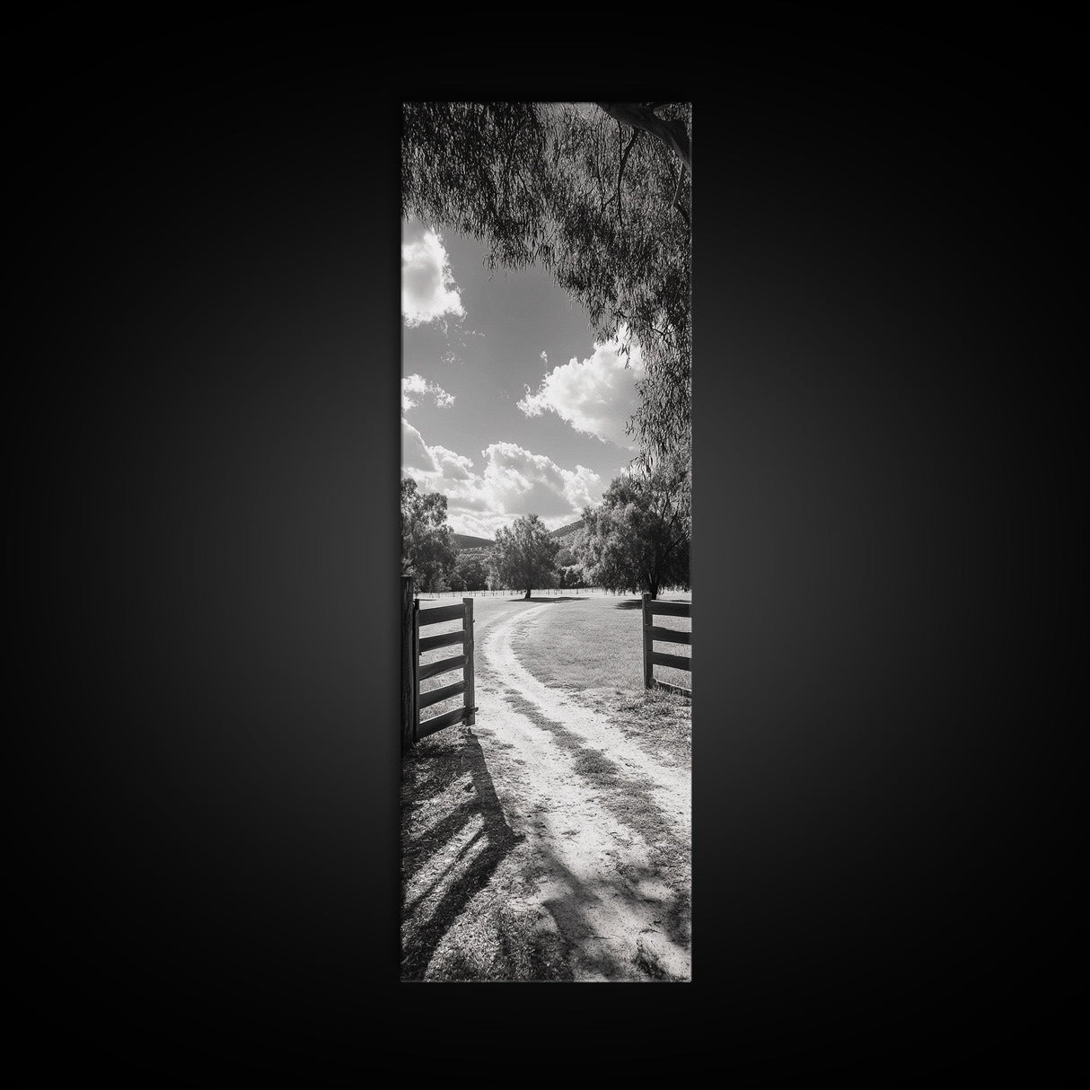 Country Road, Wooden Fence, Open Fields, Tree Shadows, Canvas Print, Rustic Farm Wall Art, Minimalist Nature Photography, Entryway Home Decor